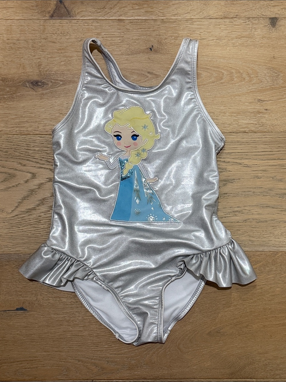 Disney Silver Girls Elsa One-Piece Swimsuit with Blue Dress Graphic
